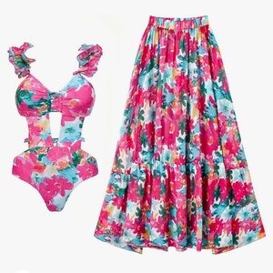 New 1 Piece Bikini With Matching Maxi Skirt. Very Sexy Floral Print.